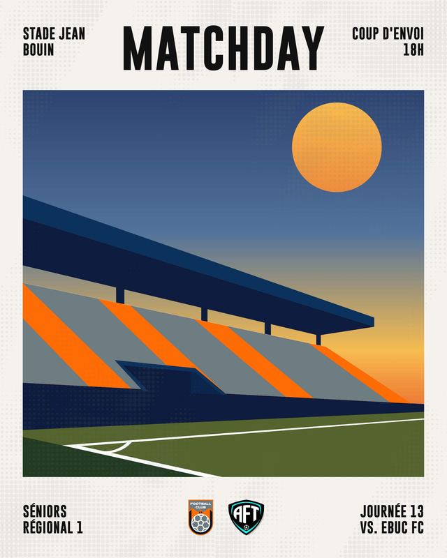 Affiche matchday illustrée : une tribune au coucher du soleil, avec le stade, l'heure du coup d'envoi et les logos des deux clubs