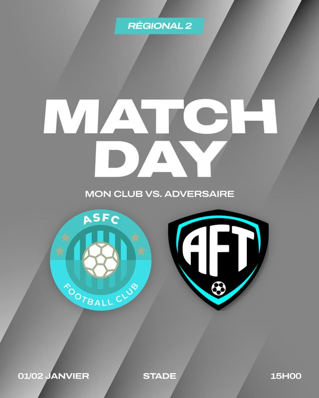 Affiche de match de foot sans photo, sur fond géométrique gris avec les logos des deux clubs