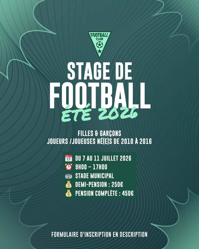 Affiche de stage de football d'été pour filles et garçons, avec les dates, les horaires, le stade et les tarifs