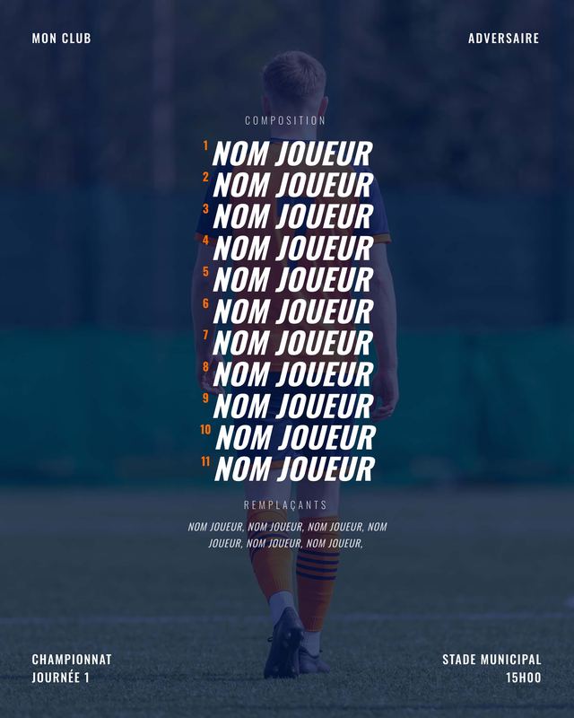 Composition d'équipe de foot en liste, sur une photo du groupe, avec le championnat et le stade