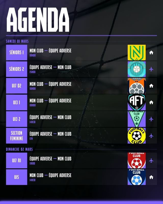 Agenda des rencontres d'un club de foot, classé par journée, avec les équipes et les logos